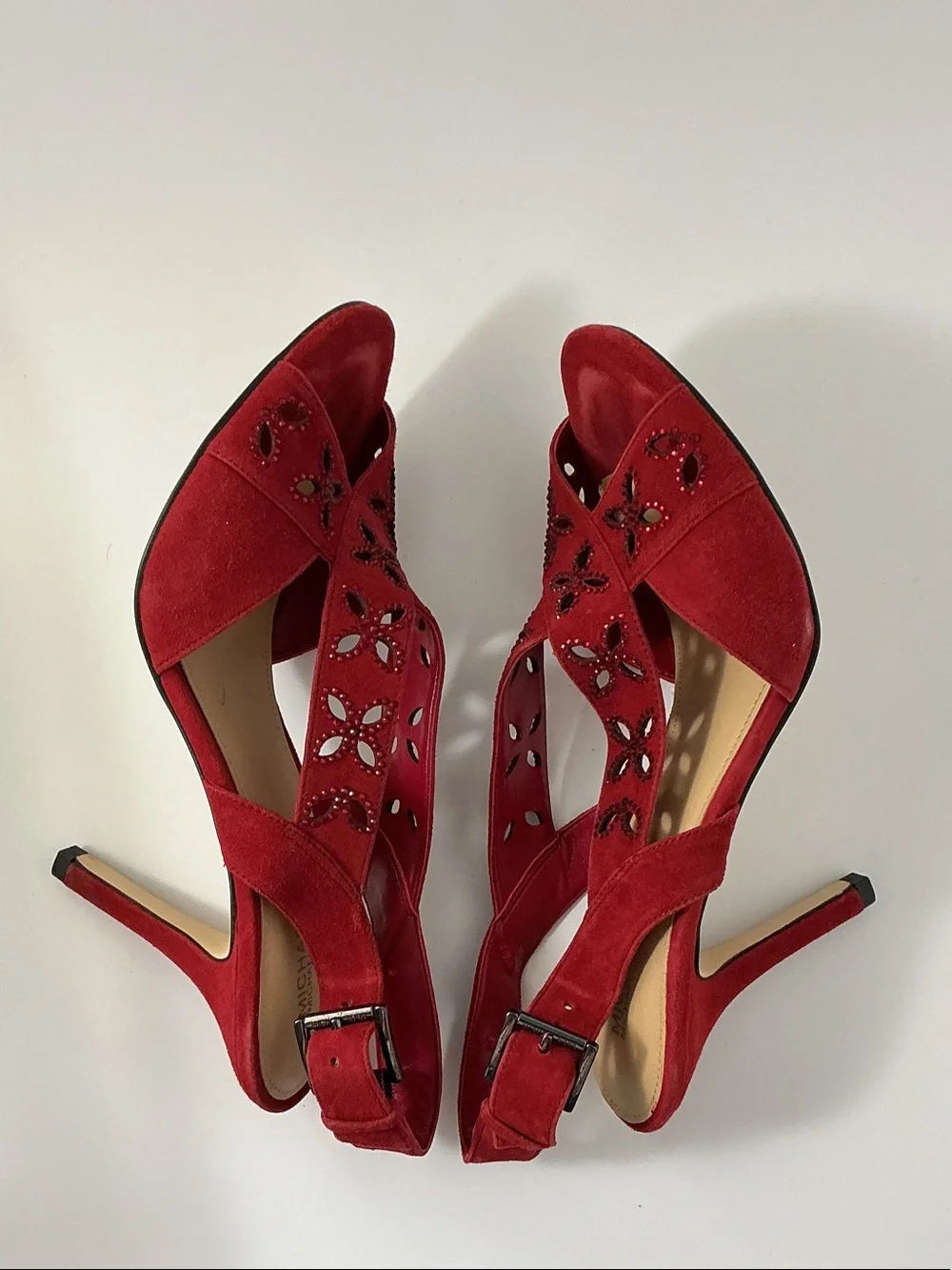 Michael Kors Red Suede Slingback Heels with Cutout & Bead Detail